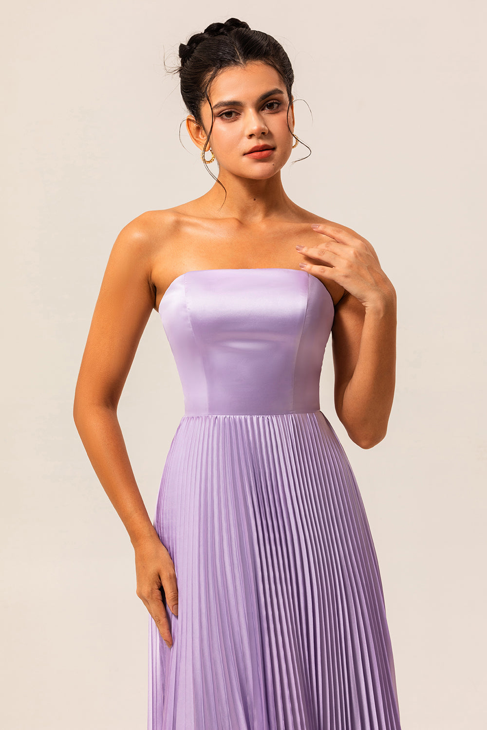 Lilac Strapless Pleated Maxi A Line Bridesmaid Dress