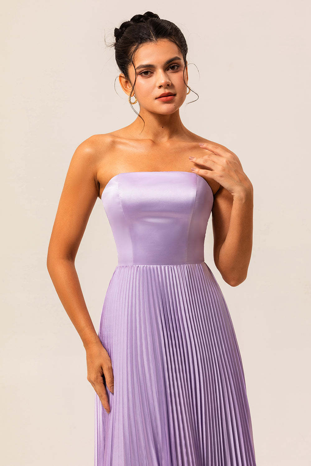 Lilac Strapless Pleated Maxi A Line Bridesmaid Dress
