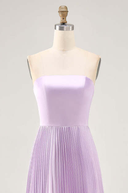 Maxi Lilac Strapless A Line Bridesmaid Dress with Pleats