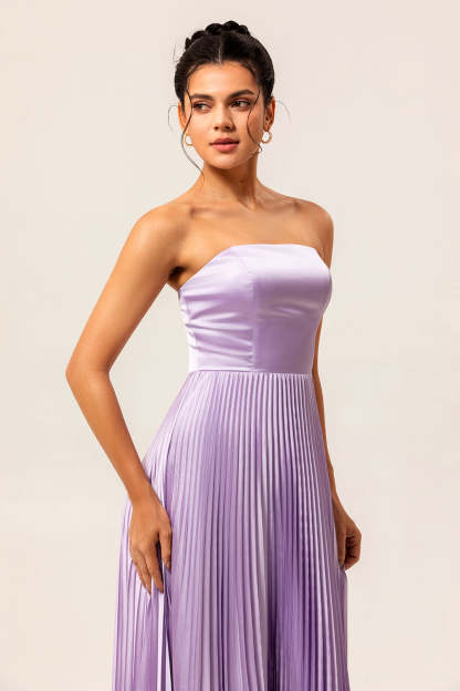 Lilac Strapless Pleated Maxi A Line Bridesmaid Dress