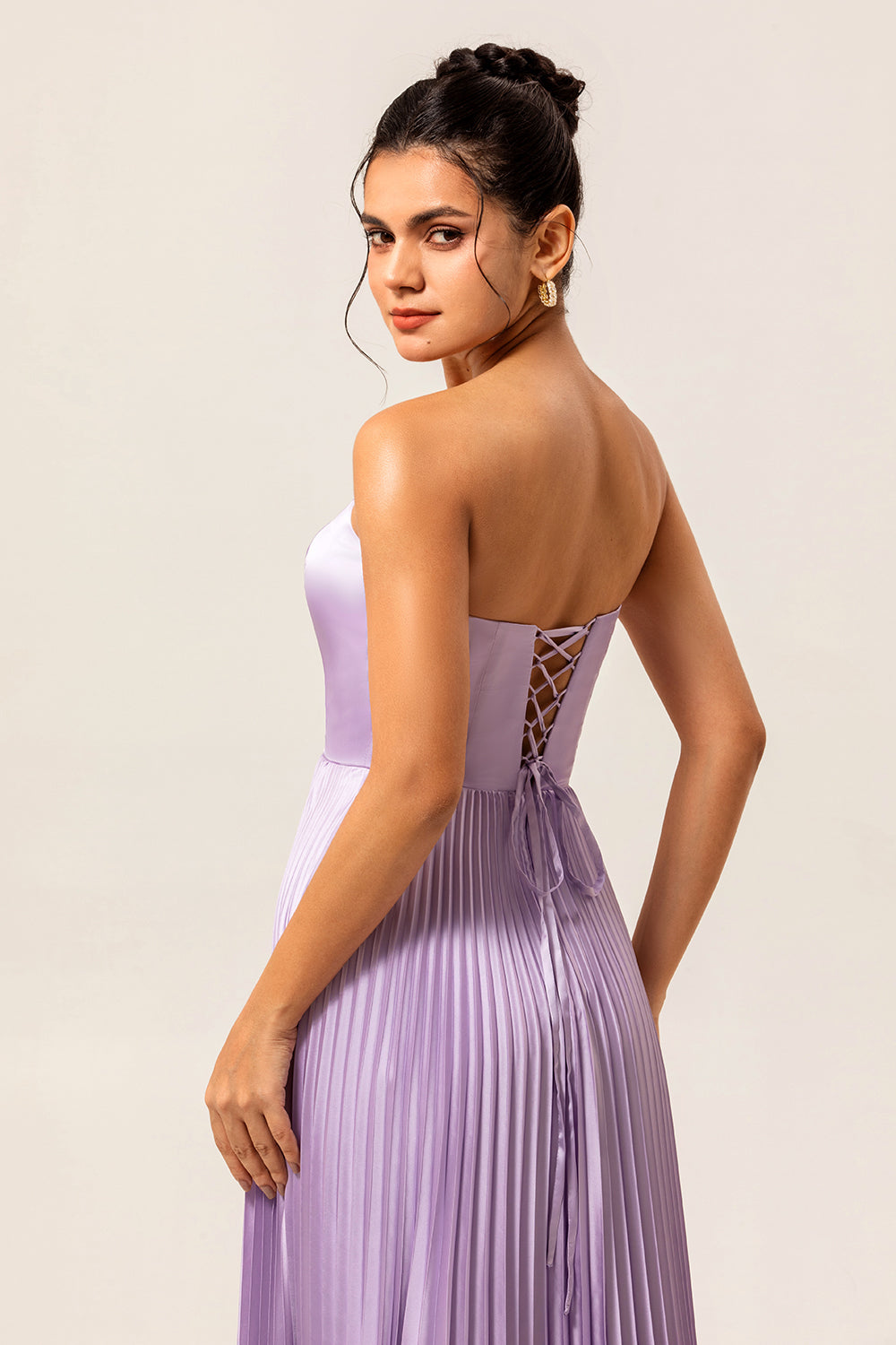 Lilac Strapless Pleated Maxi A Line Bridesmaid Dress