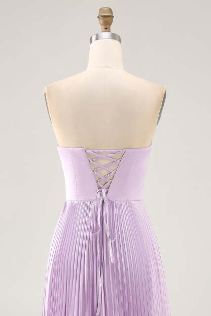 Maxi Lilac Strapless A Line Bridesmaid Dress with Pleats