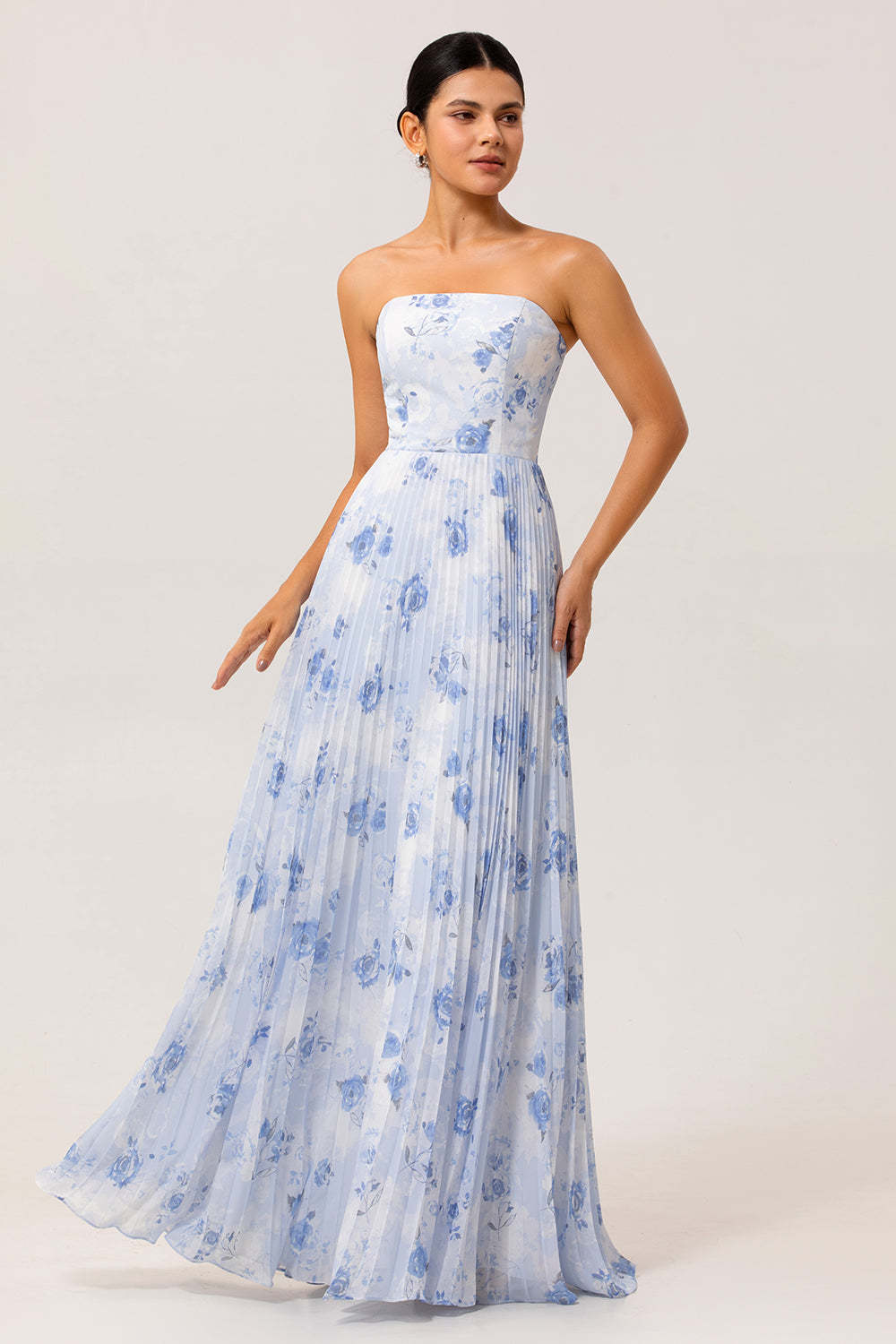 Leely Women Blue Floral Chiffon Long Wedding Guest Dress with Pleats Strapless A Line Lace Up Back Bridesmaid Dress