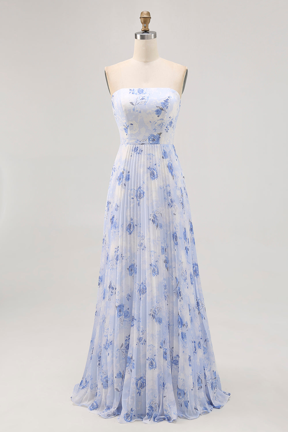 Blue Floral Chiffon Strapless Maxi A Line Wedding Guest Dress with Pleats