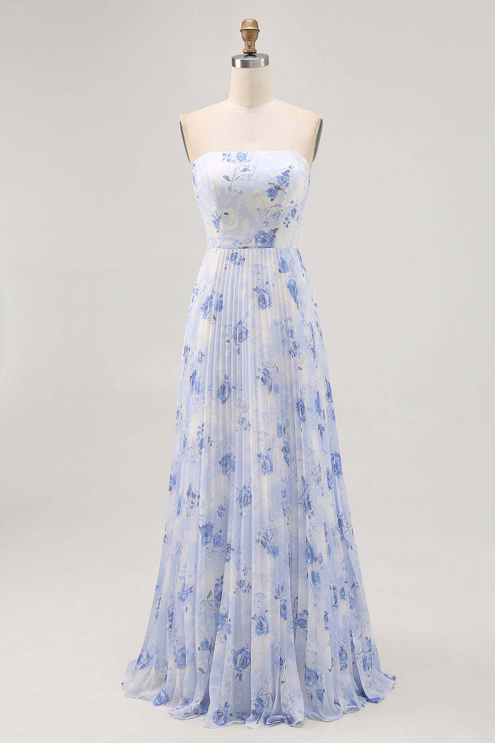 Blue Chiffon Strapless Floral Long Wedding Guest Dress with Pleats