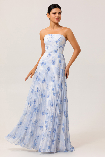 Blue Floral Chiffon Strapless Maxi A Line Wedding Guest Dress with Pleats