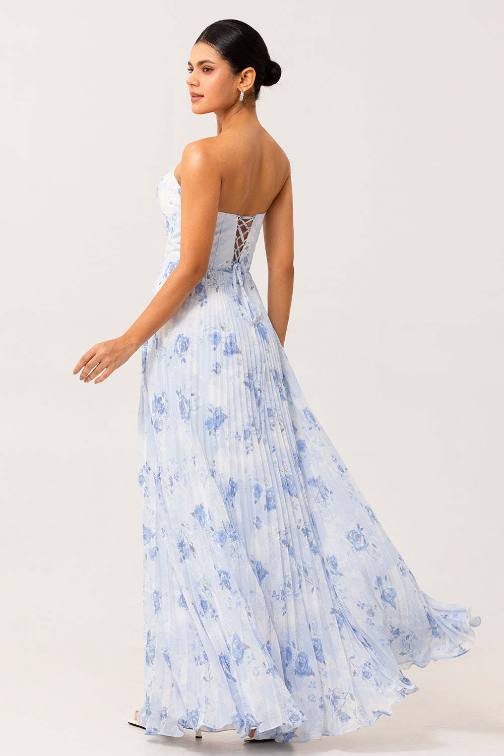 Blue Chiffon Strapless Floral Long Wedding Guest Dress with Pleats