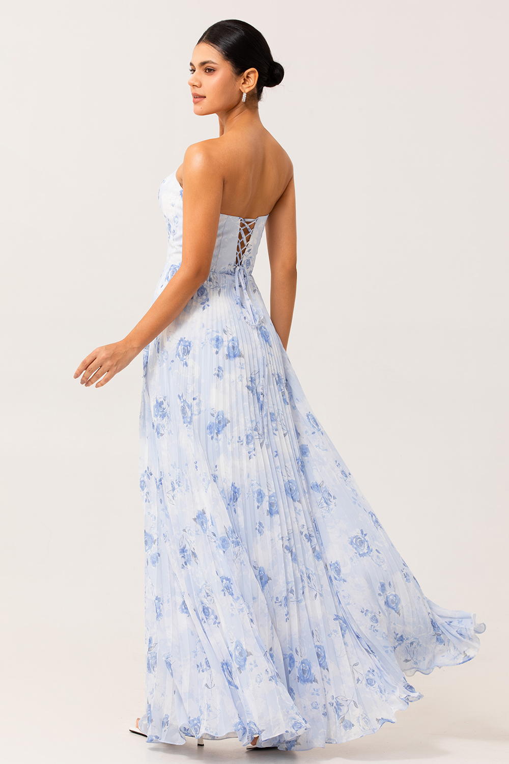 Blue Floral Chiffon Strapless Maxi A Line Wedding Guest Dress with Pleats