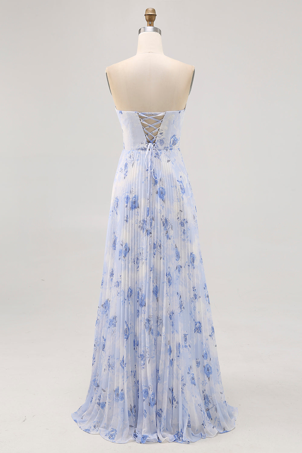 Blue Floral Chiffon Strapless Maxi A Line Wedding Guest Dress with Pleats