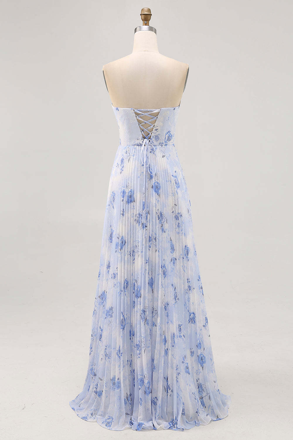 Blue Chiffon Strapless Floral Long Wedding Guest Dress with Pleats
