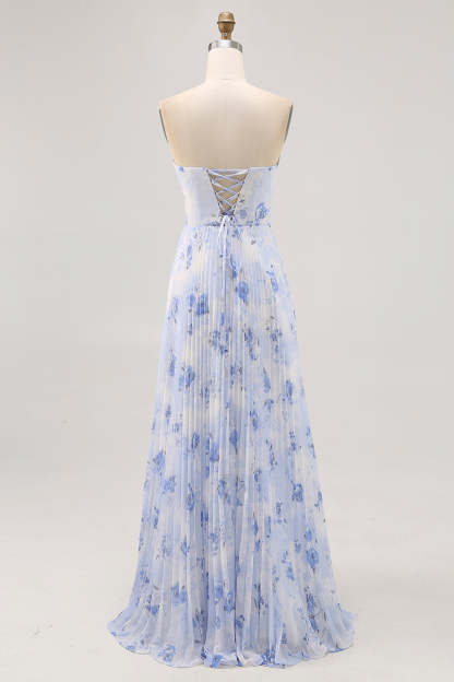 Blue Chiffon Strapless Floral Long Wedding Guest Dress with Pleats