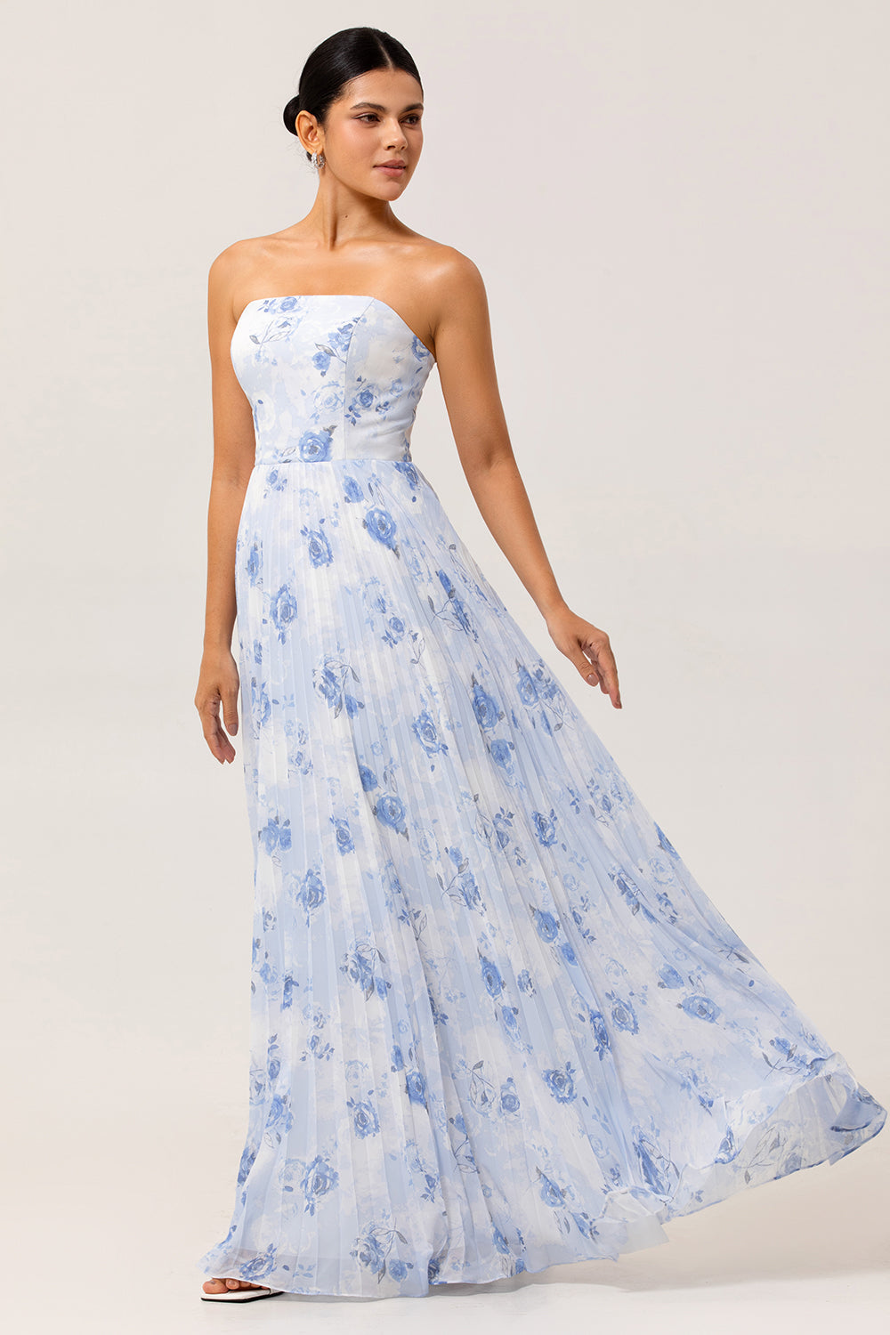 Blue Chiffon Strapless Floral Long Wedding Guest Dress with Pleats
