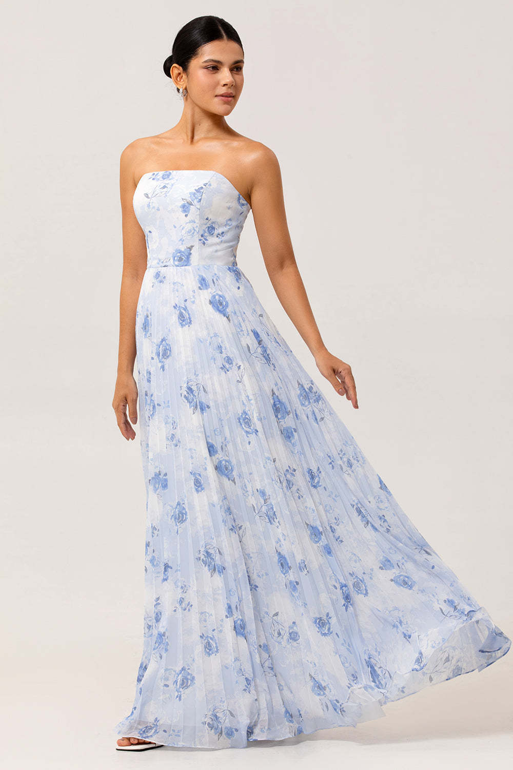 Blue Chiffon Strapless Floral Long Wedding Guest Dress with Pleats
