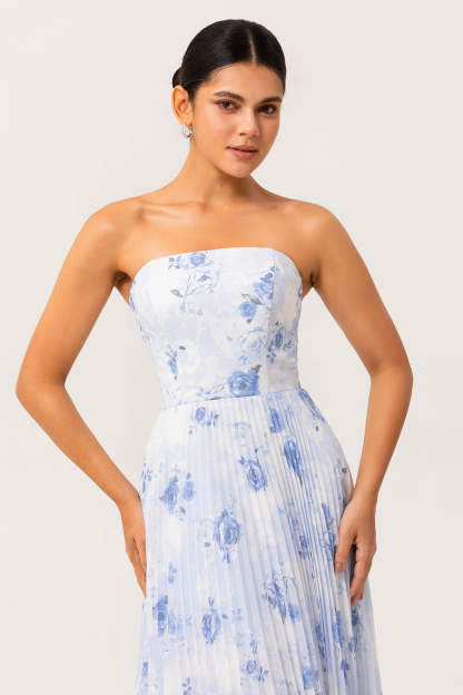 Blue Chiffon Strapless Floral Long Wedding Guest Dress with Pleats