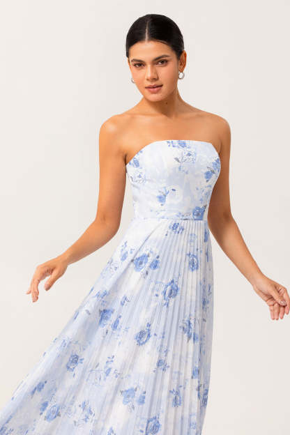 Blue Chiffon Strapless Floral Long Wedding Guest Dress with Pleats