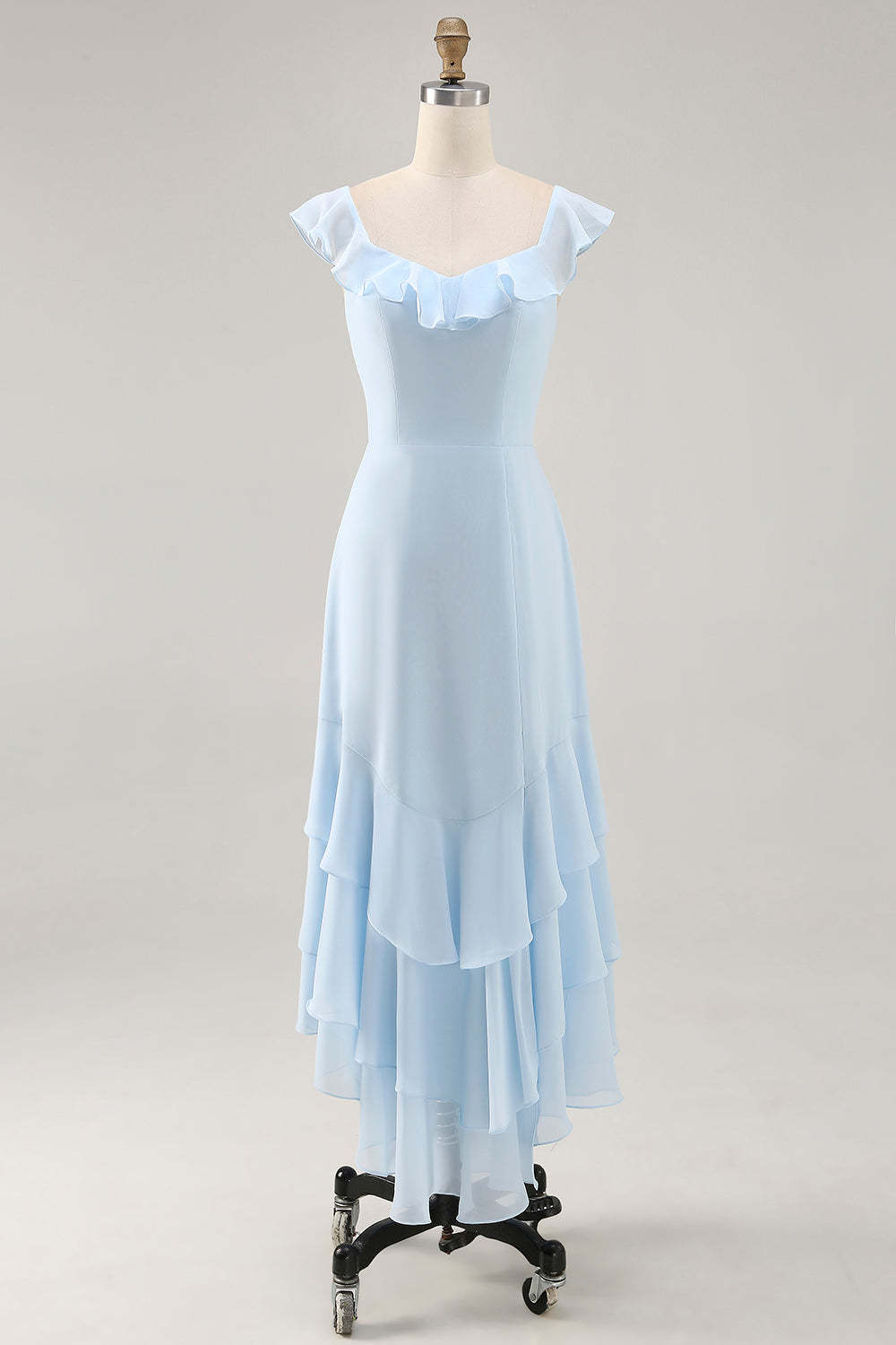Leely Women Sky Blue Maxi Bridesmaid Dress with Ruffles Tiered Chiffon A Line Lace Up Back Wedding Guest Dress