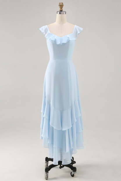 Leely Women Sky Blue Maxi Bridesmaid Dress with Ruffles Tiered Chiffon A Line Lace Up Back Wedding Guest Dress