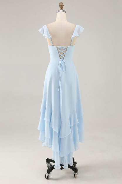 Sky Blue Chiffon Tiered Maxi Bridesmaid Dress with Ruffles