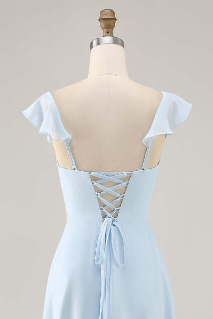 Sky Blue Chiffon Tiered Maxi Bridesmaid Dress with Ruffles