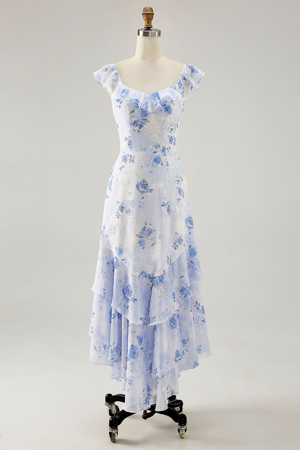 Blue Floral Tiered Chiffon Maxi Wedding Guest Dress with Ruffles
