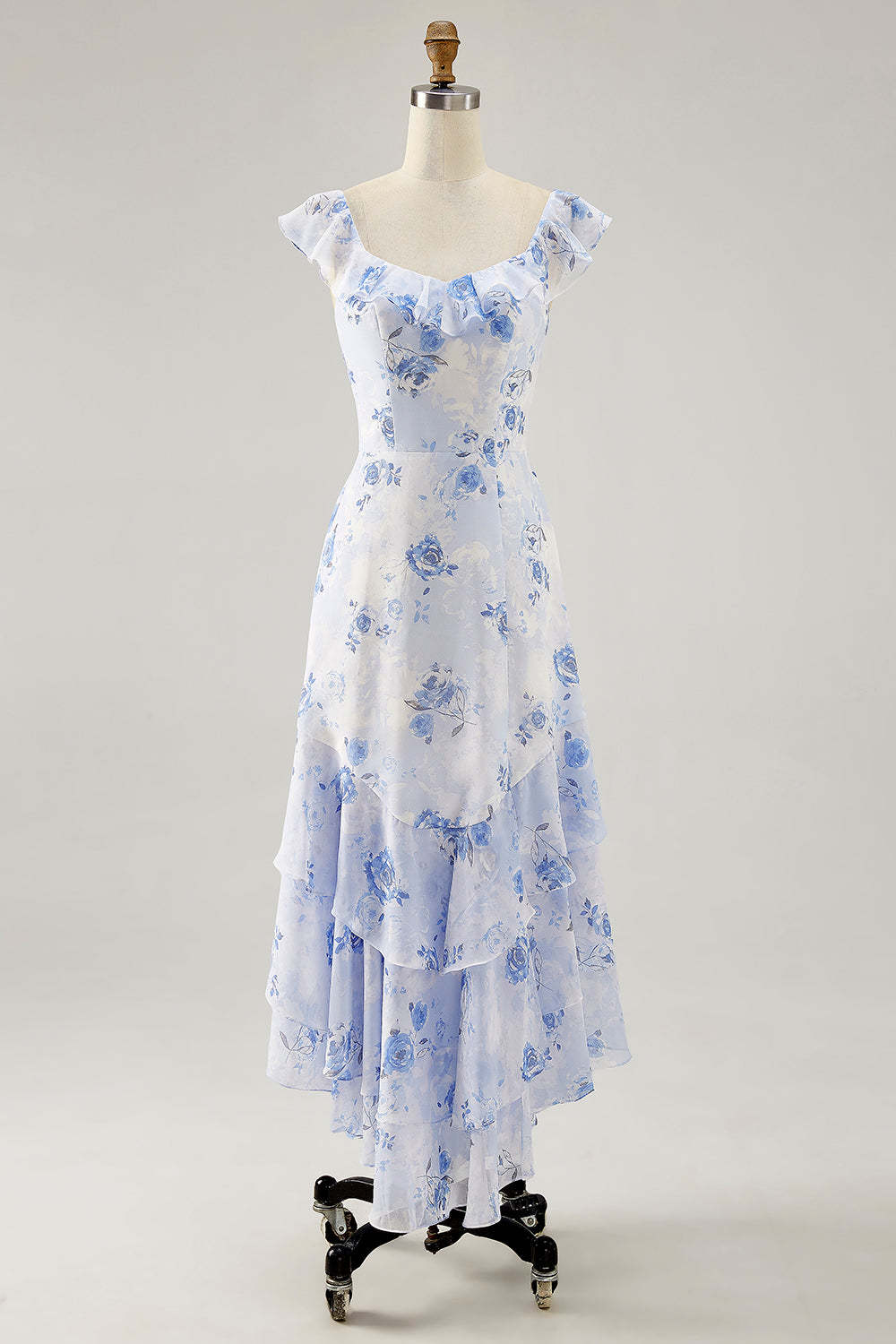 Blue Floral Tiered Chiffon Maxi Wedding Guest Dress with Ruffles
