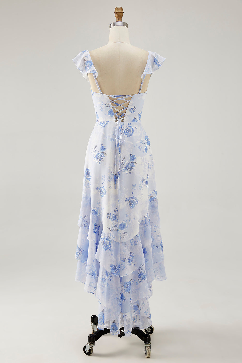 Blue Floral Tiered Chiffon Maxi Wedding Guest Dress with Ruffles