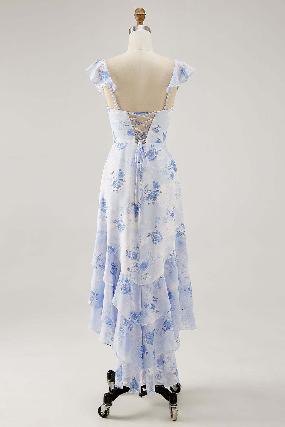 Blue Floral Tiered Chiffon Maxi Wedding Guest Dress with Ruffles