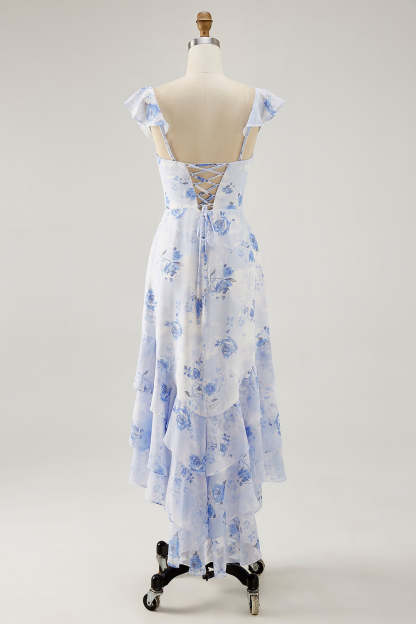 Blue Floral Tiered Chiffon Maxi Wedding Guest Dress with Ruffles