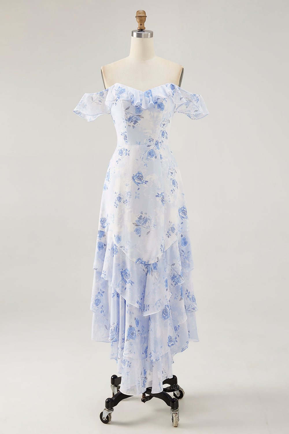 Blue Floral Tiered Chiffon Maxi Wedding Guest Dress with Ruffles