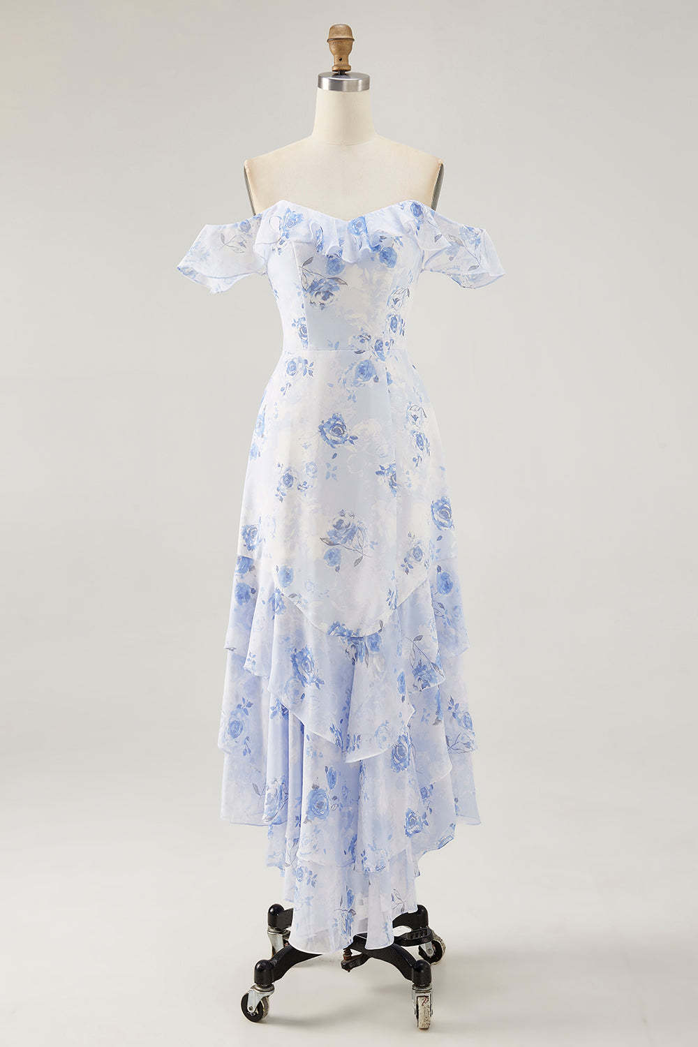 Blue Floral Tiered Chiffon Maxi Wedding Guest Dress with Ruffles