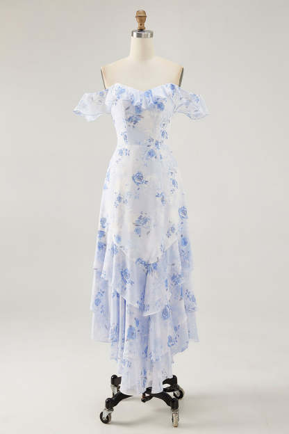 Blue Floral Tiered Chiffon Maxi Wedding Guest Dress with Ruffles
