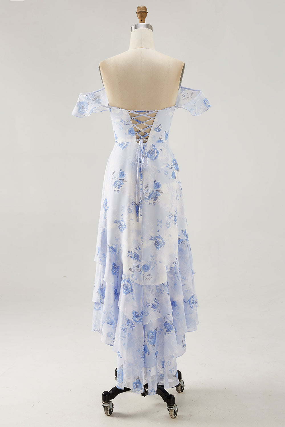 Blue Floral Tiered Chiffon Maxi Wedding Guest Dress with Ruffles