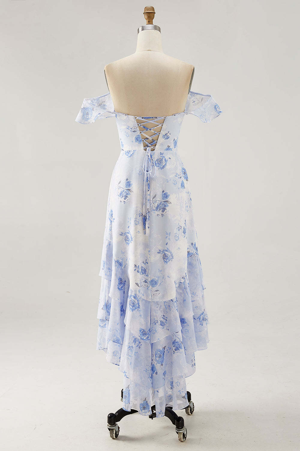 Blue Floral Tiered Chiffon Maxi Wedding Guest Dress with Ruffles