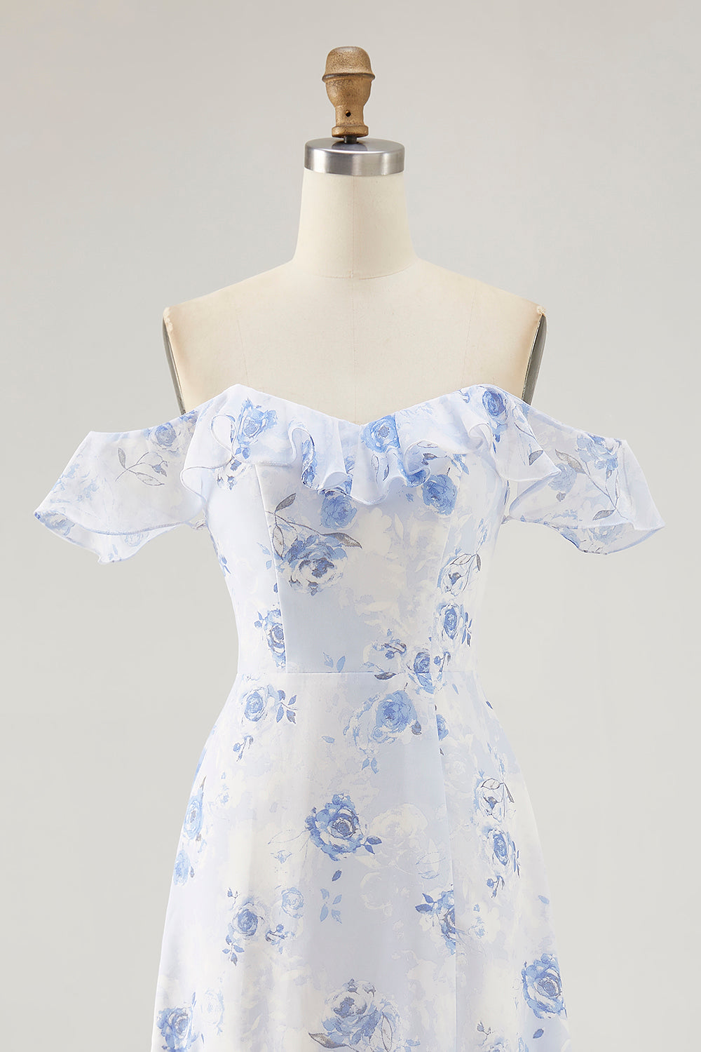 Blue Floral Tiered Chiffon Maxi Wedding Guest Dress with Ruffles