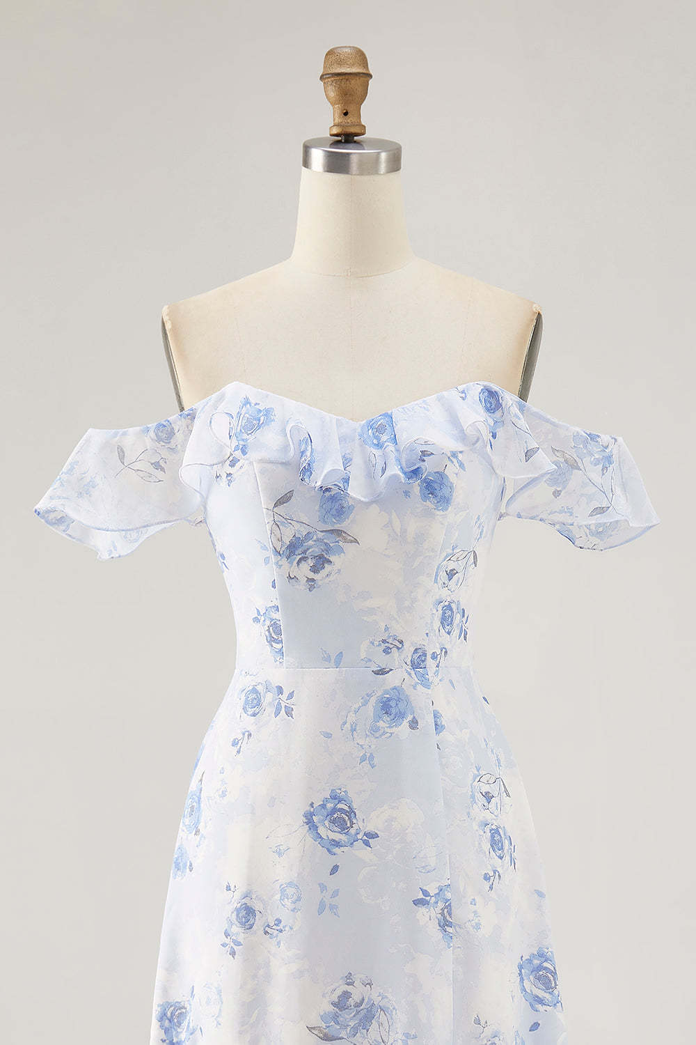 Blue Floral Tiered Chiffon Maxi Wedding Guest Dress with Ruffles