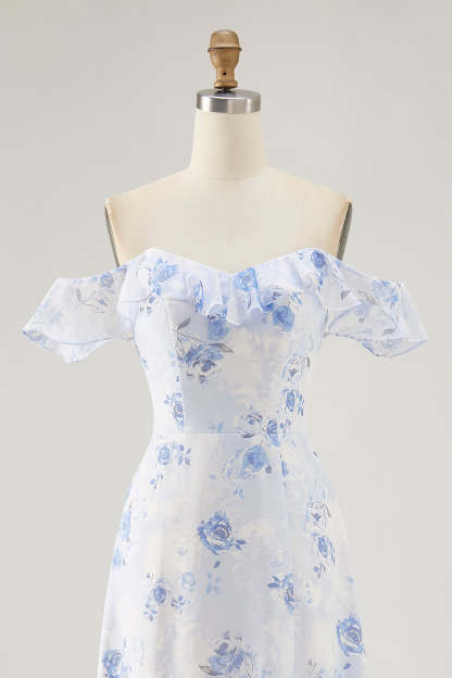 Blue Floral Tiered Chiffon Maxi Wedding Guest Dress with Ruffles