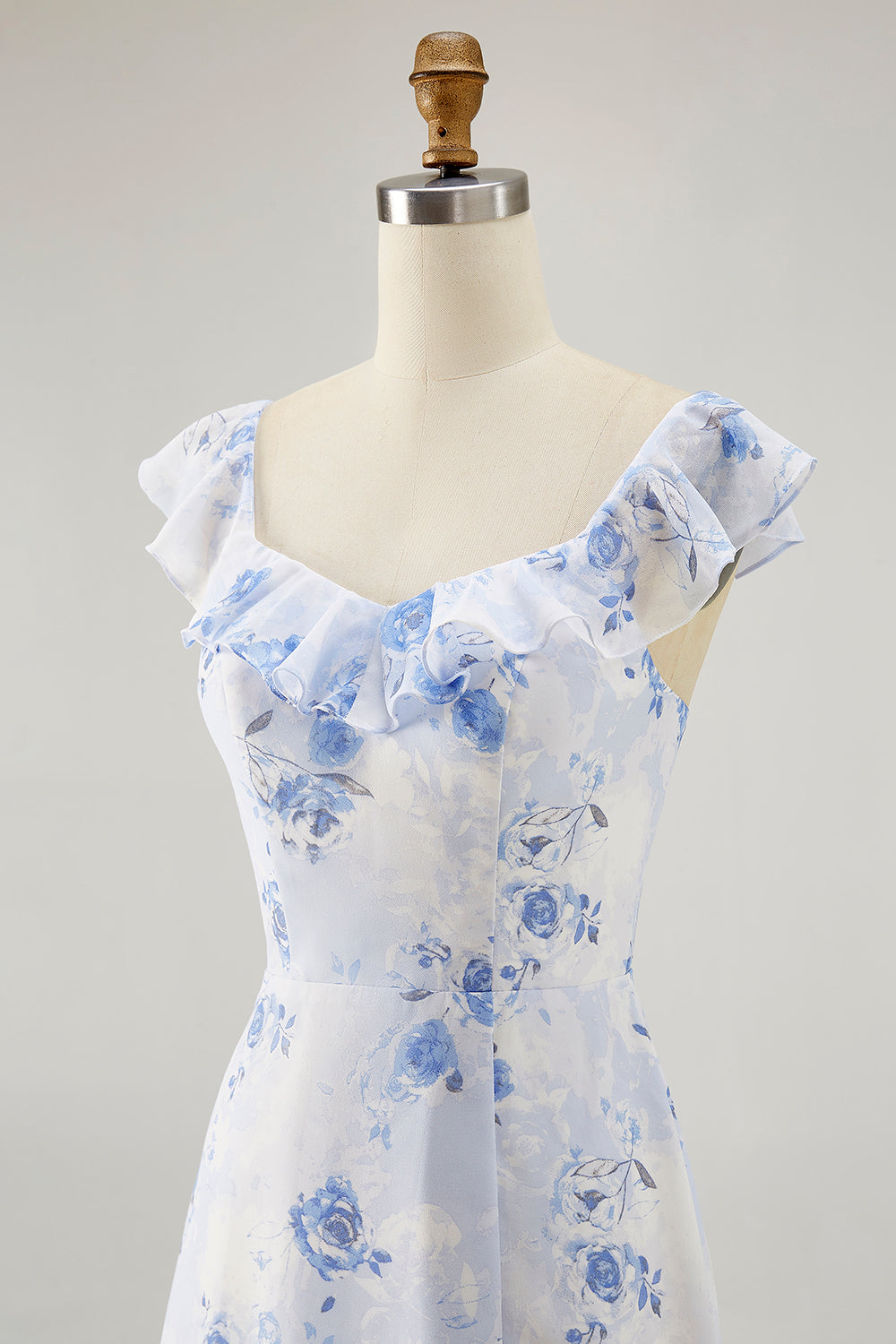 Blue Floral Tiered Chiffon Maxi Wedding Guest Dress with Ruffles