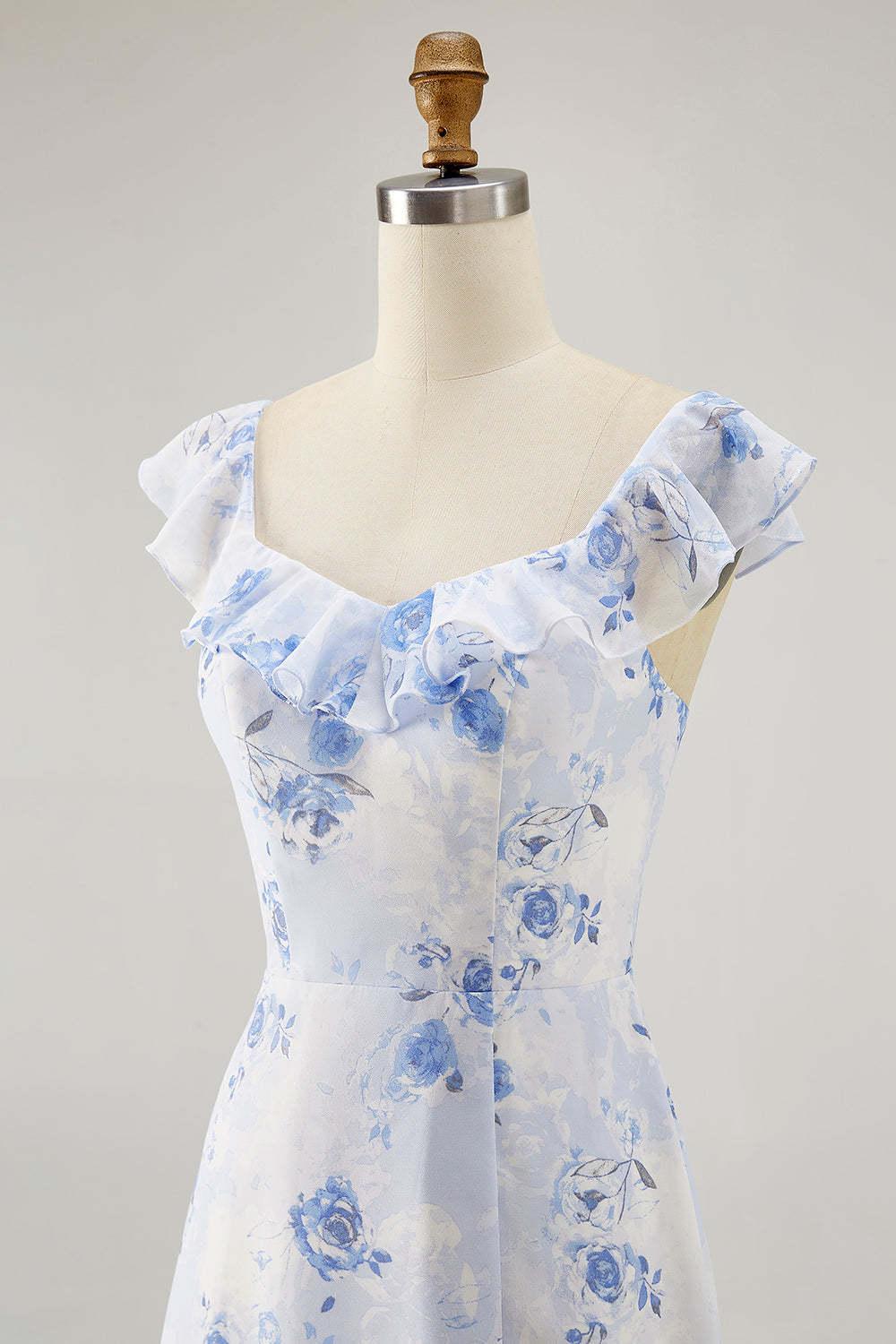 Blue Floral Tiered Chiffon Maxi Wedding Guest Dress with Ruffles