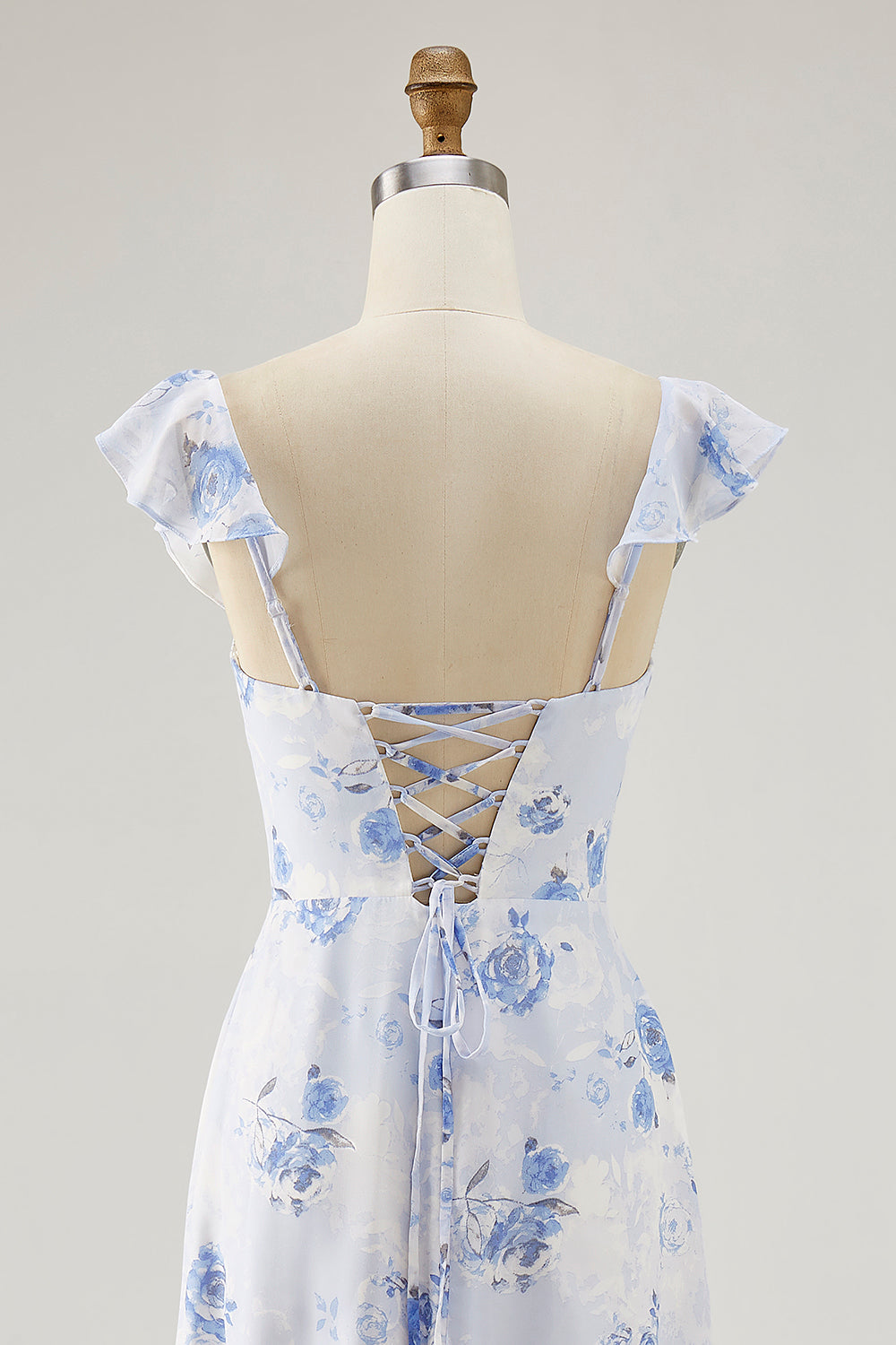 Blue Floral Tiered Chiffon Maxi Wedding Guest Dress with Ruffles