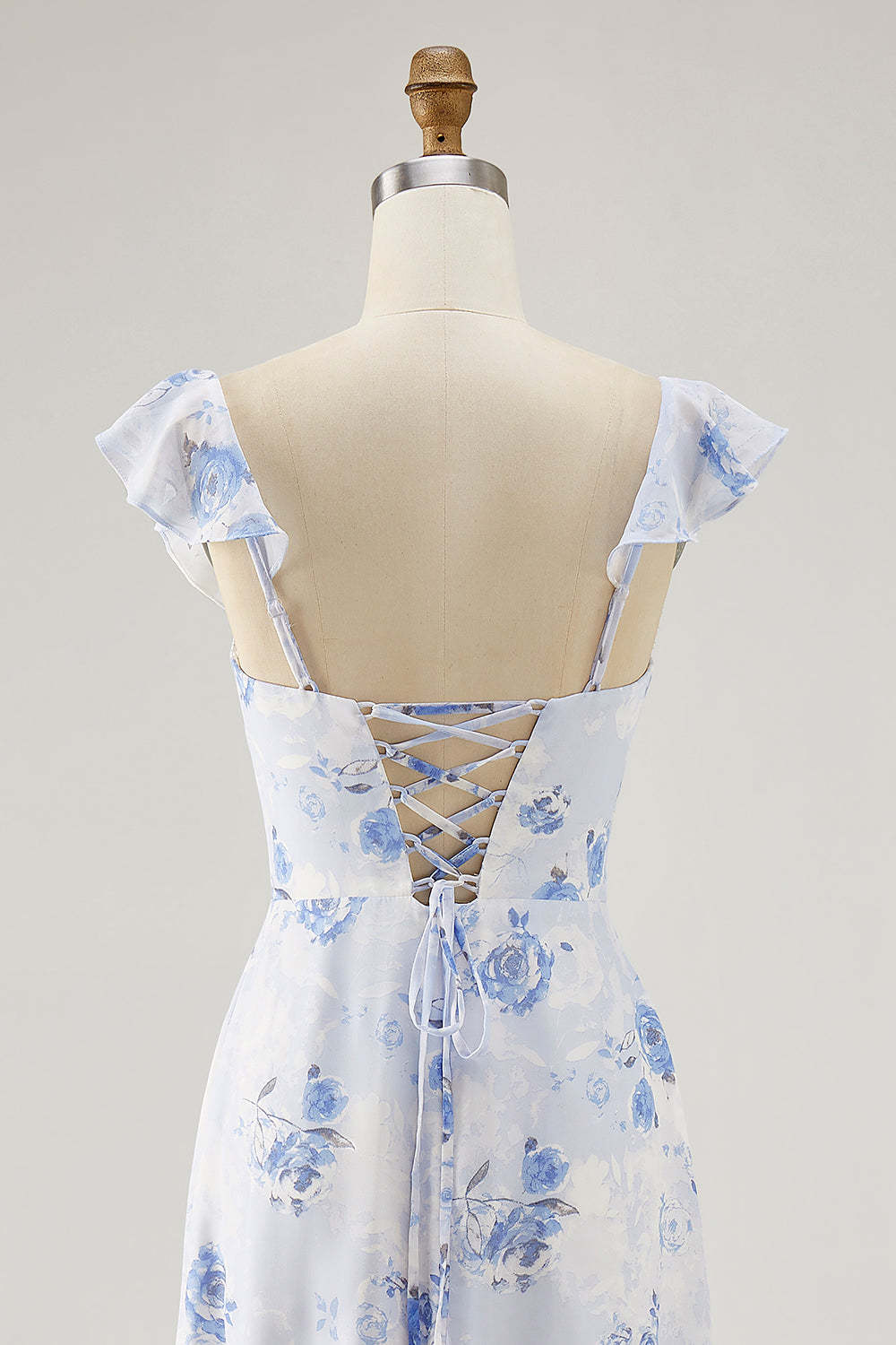Blue Floral Tiered Chiffon Maxi Wedding Guest Dress with Ruffles