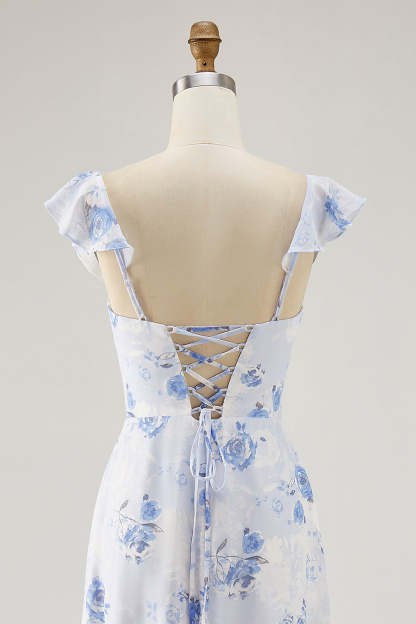 Blue Floral Tiered Chiffon Maxi Wedding Guest Dress with Ruffles