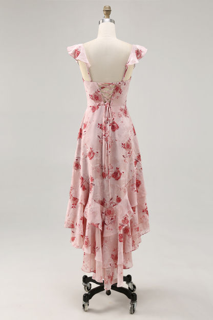 Blue Floral Tiered Chiffon Maxi Wedding Guest Dress with Ruffles