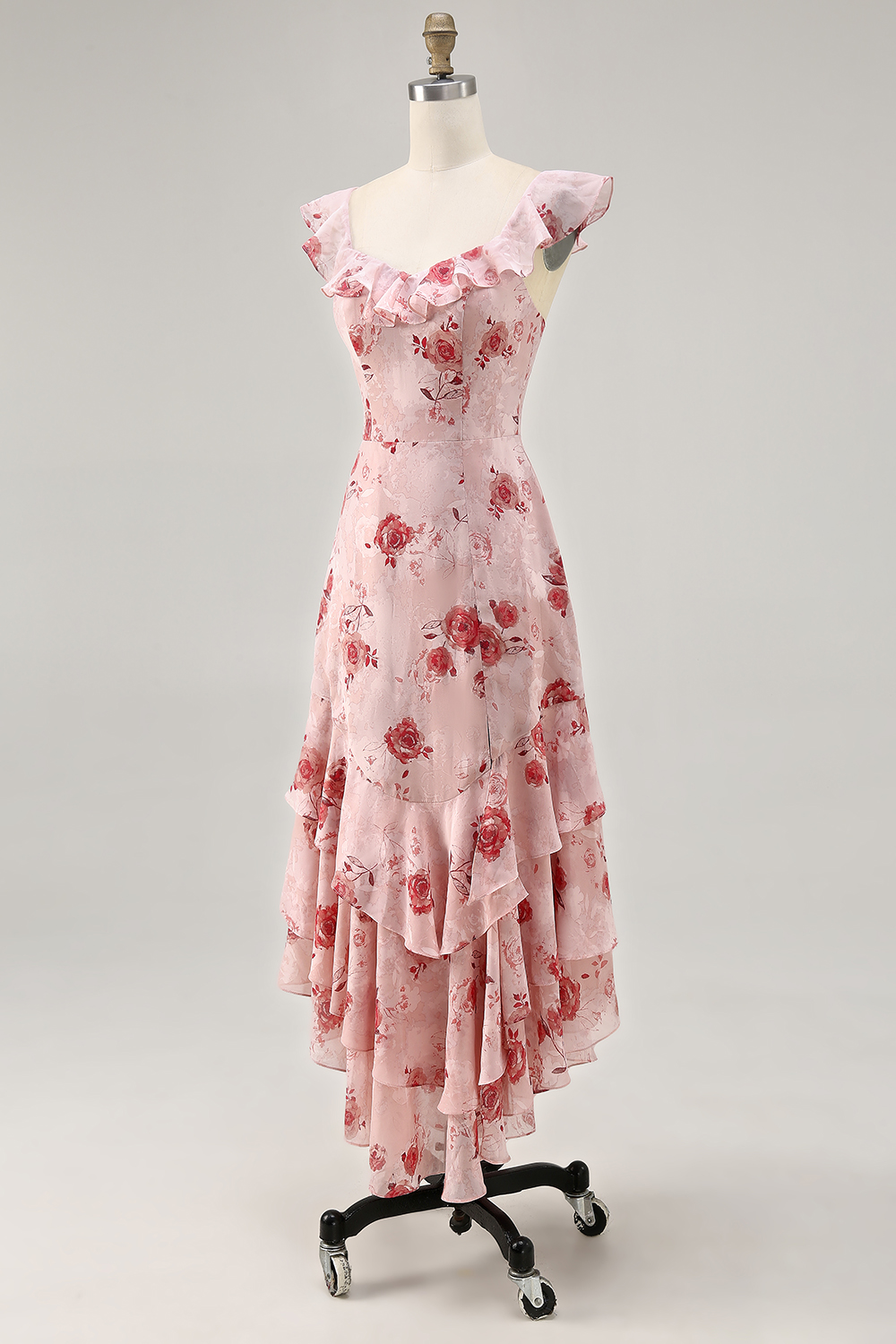 Blue Floral Tiered Chiffon Maxi Wedding Guest Dress with Ruffles