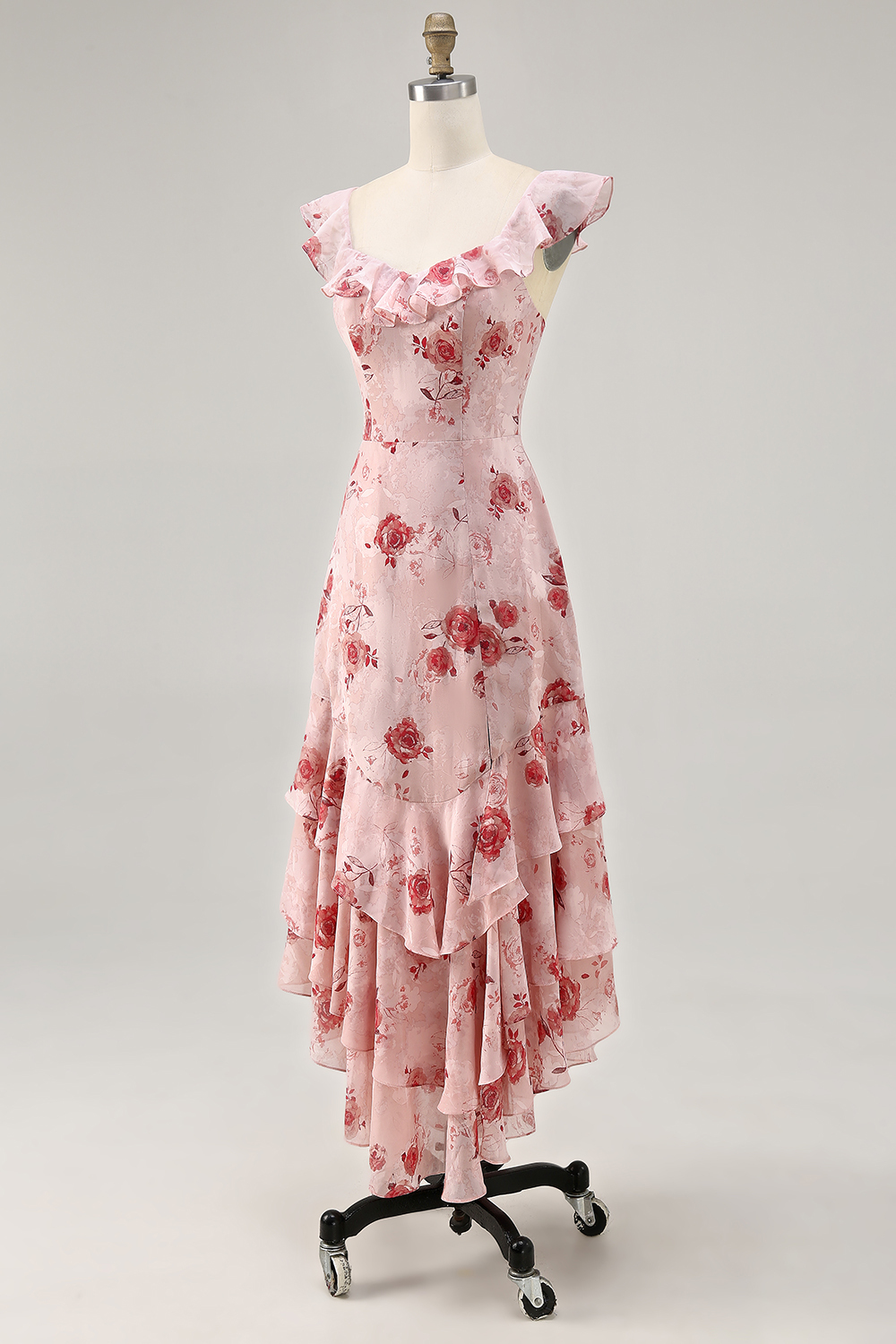 Blue Floral Tiered Chiffon Maxi Wedding Guest Dress with Ruffles