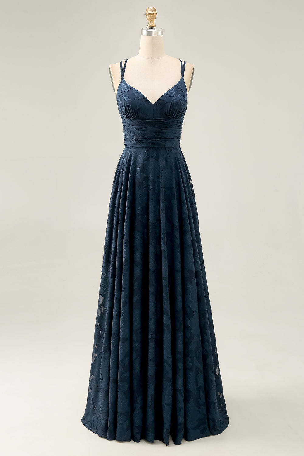 Leely Women Navy Floral Jacquard Maxi Wedding Guest Dress A Line Spaghetti Straps Pleated Crossed Straps Back Bridesmaid Dress