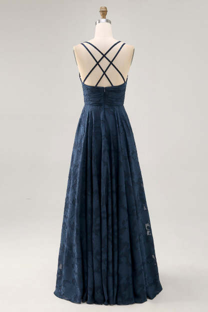 Navy Floral A Line Pleated Maxi Wedding Guest Dress