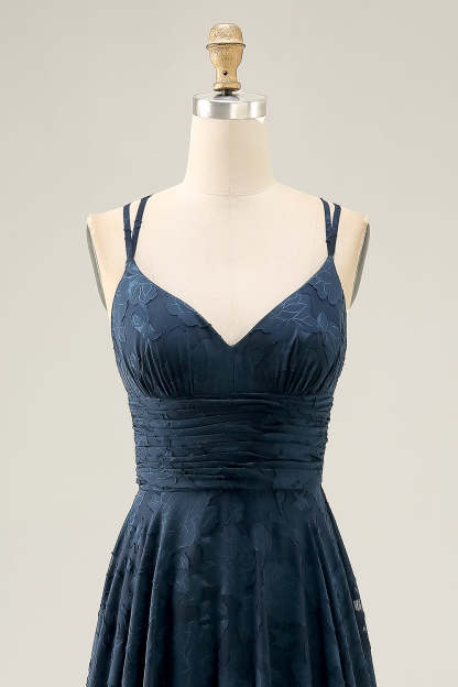 Navy Floral A Line Pleated Maxi Wedding Guest Dress