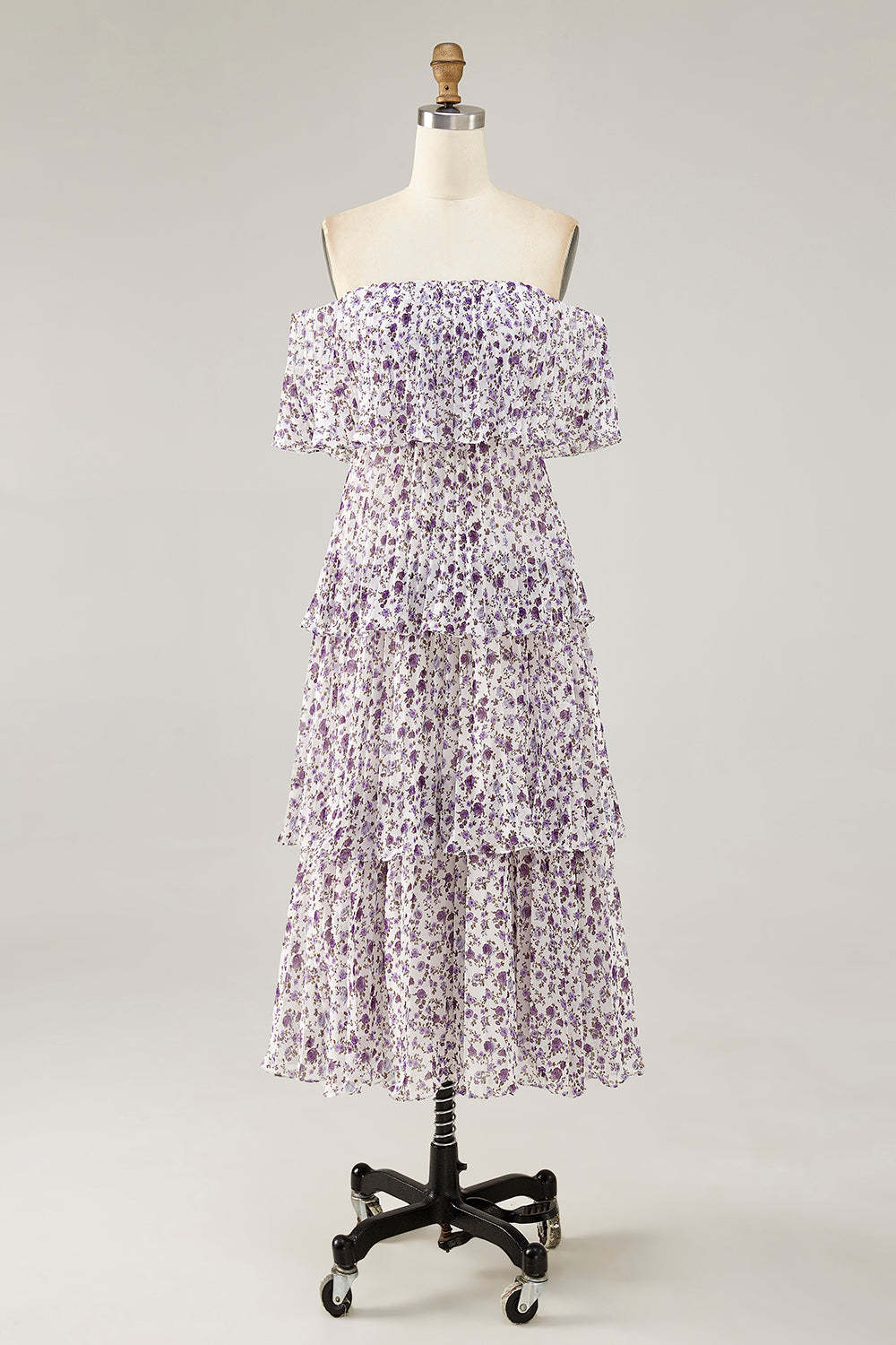 Leely Women Purple Floral Midi Wedding Guest Dress with Ruffles Chiffon A Line Off the Shoulder Tiered Bridesmaid Dress