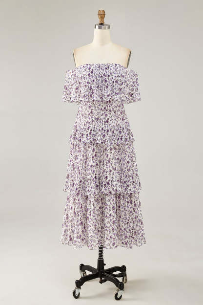 Leely Women Purple Floral Midi Wedding Guest Dress with Ruffles Chiffon A Line Off the Shoulder Tiered Bridesmaid Dress