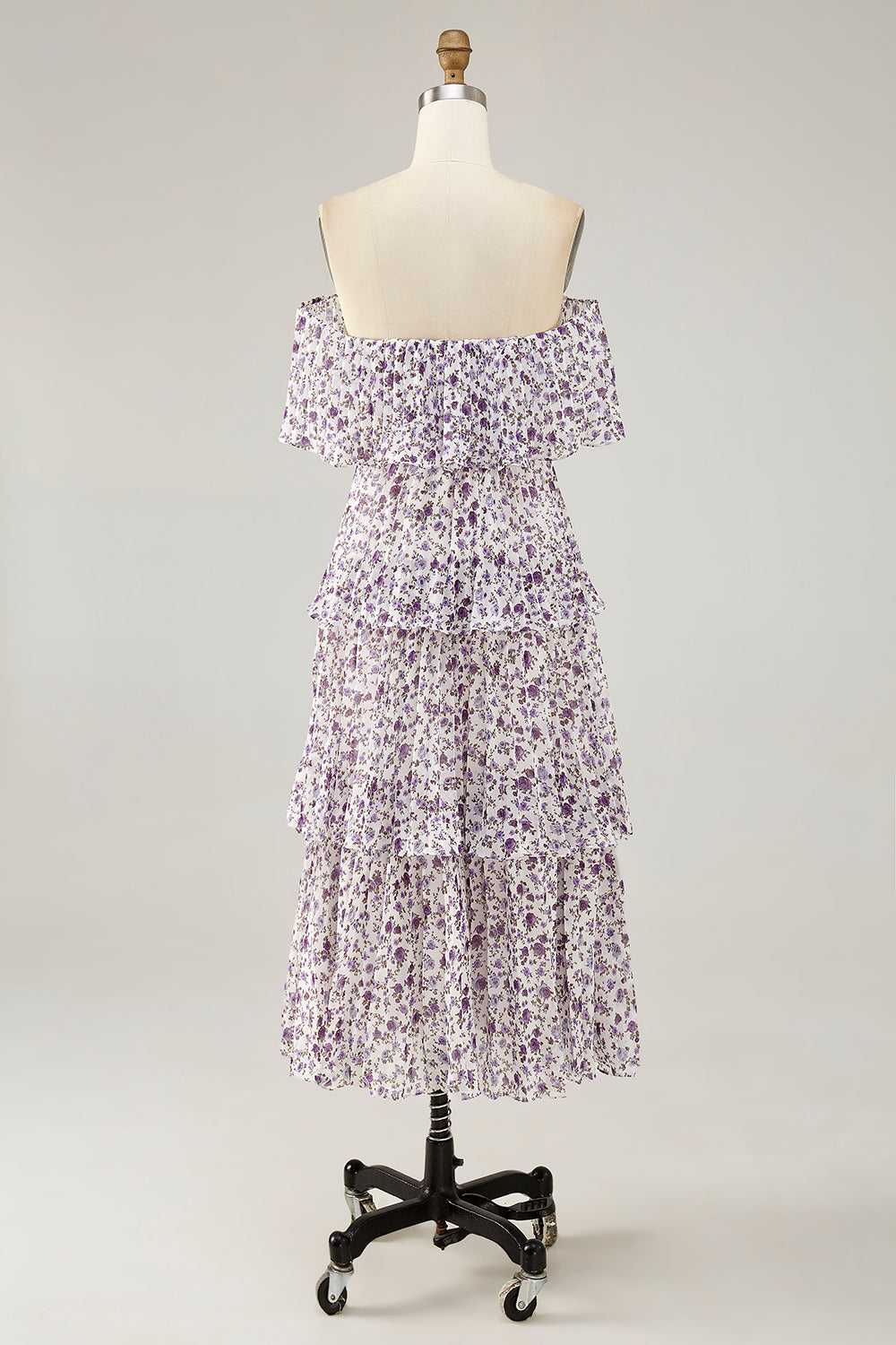 Purple Floral Chiffon Tiered Midi Wedding Guest Dress with Ruffles